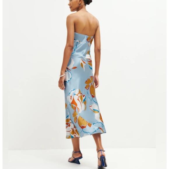 Reformation Joana Silk Dress Hyperion Print Strapless Floral Midi 0 Tropical - Picture 2 of 10